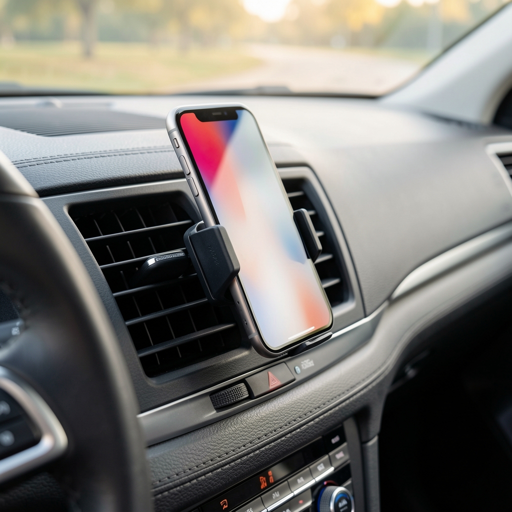 Soporte AirClip negro sujetando un smartphone en la rejilla de ventilación de un automóvil vacío