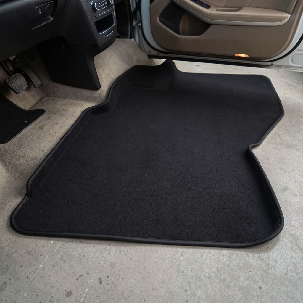 Alfombra de goma EVA color negro con bordes elevados sobre piso de automóvil vacío