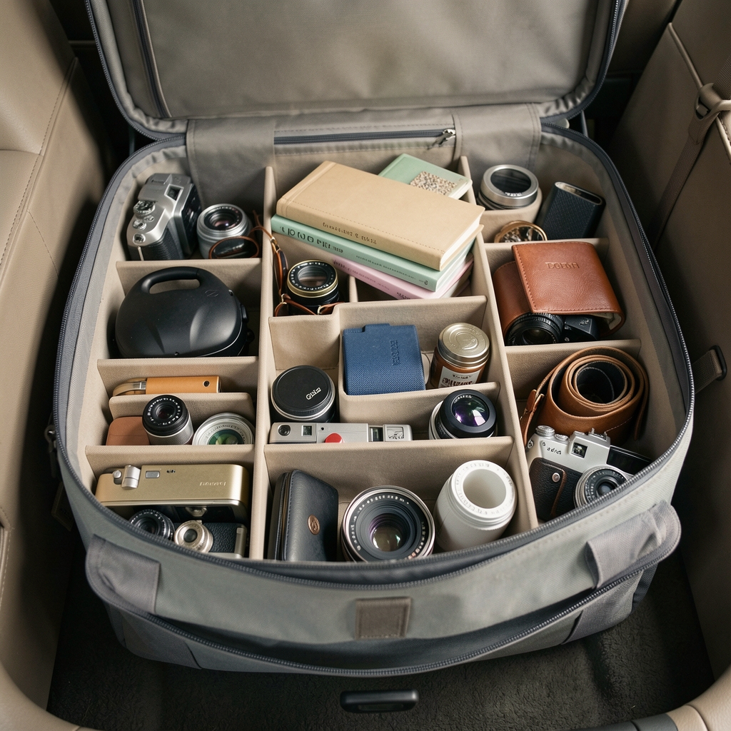 Organizador de baúl con compartimentos llenos de objetos de viaje ordenados sin personas
