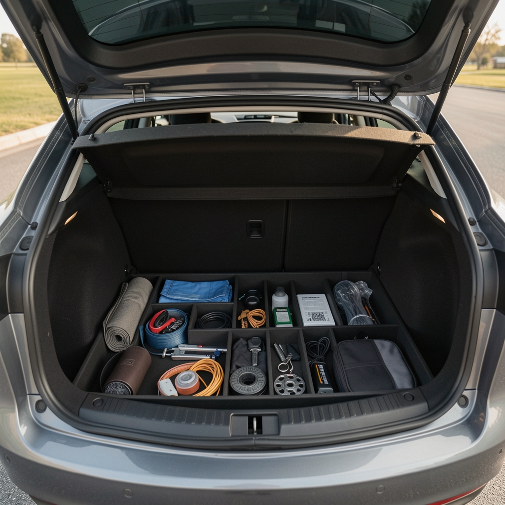Baúl vacío de automóvil con accesorios de organización distribuidos sin personas