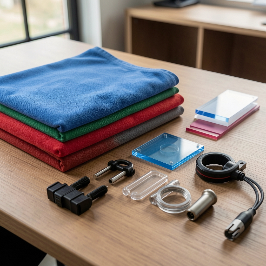 Muestras de poliéster, EVA y plástico ABS junto a accesorios automotrices sobre mesa
