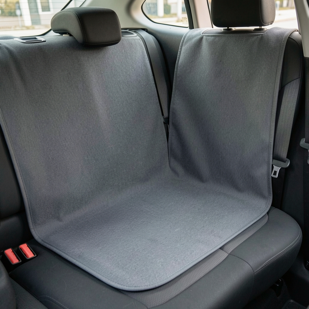 Manta protectora de asiento trasero color grafito extendida sobre tapizado sin personas