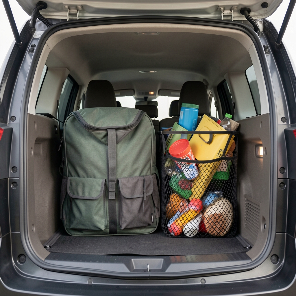 Compartimento de baúl vacío con caja plegable y red de carga organizando objetos sin personas