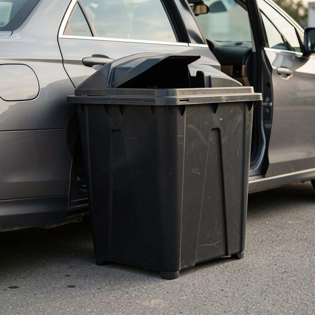 Contenedor de residuos automotriz negro colocado en el lateral de una puerta sin personas
