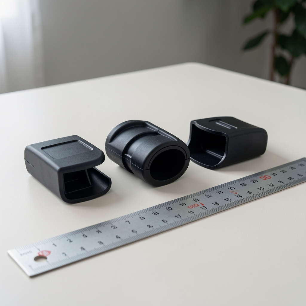 Tres accesorios automotrices de almacenamiento alineados sobre mesa clara junto a regla de medición