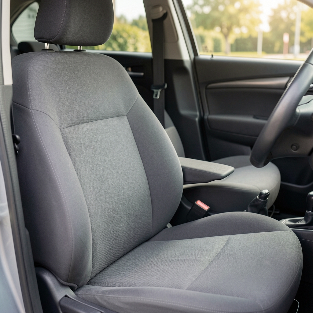Funda de asiento delantero color gris ajustada sobre butaca de automóvil vacío