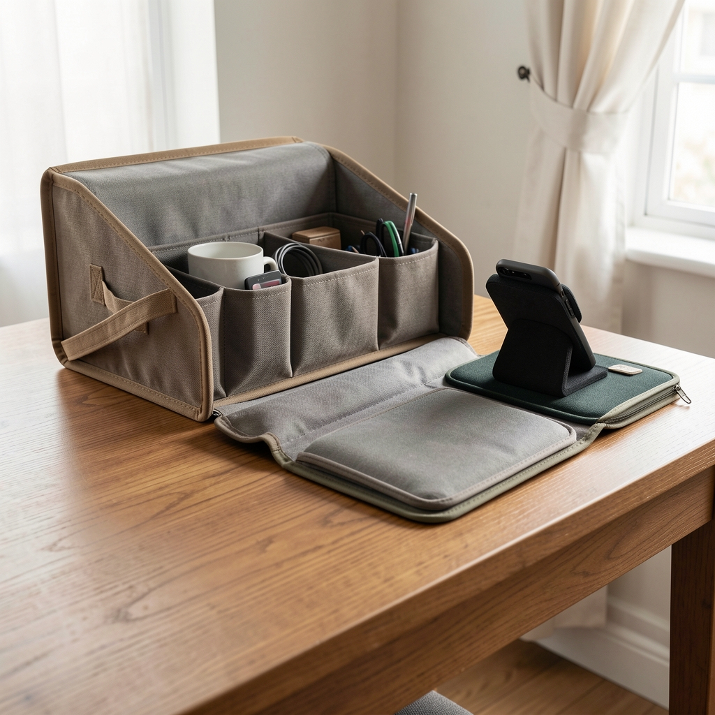 Persona ausente: mesa con organizador de baúl, soporte de teléfono y funda de asiento ordenados para comparación