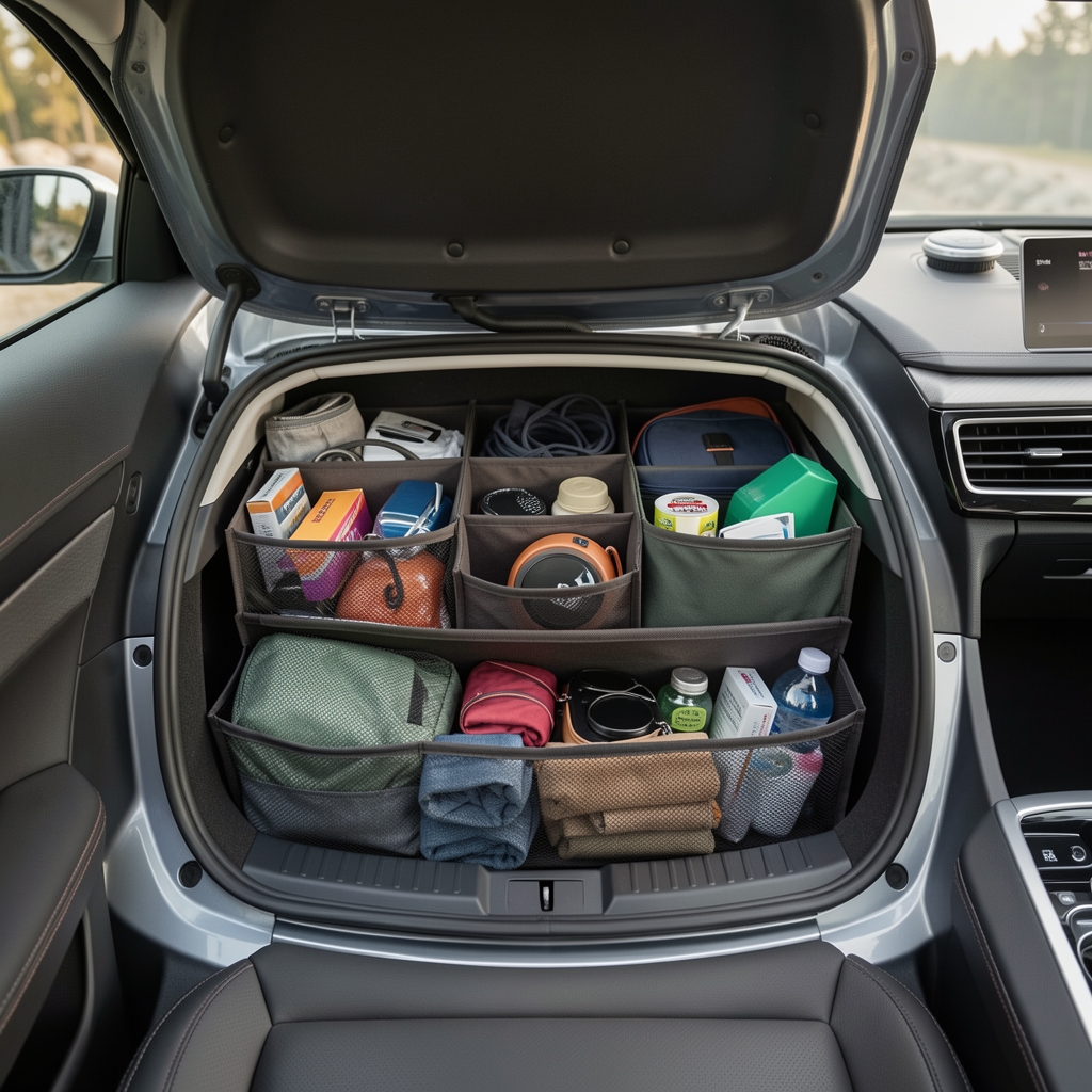Baúl de automóvil moderno perfectamente ordenado con organizador textil y accesorios de viaje sin personas