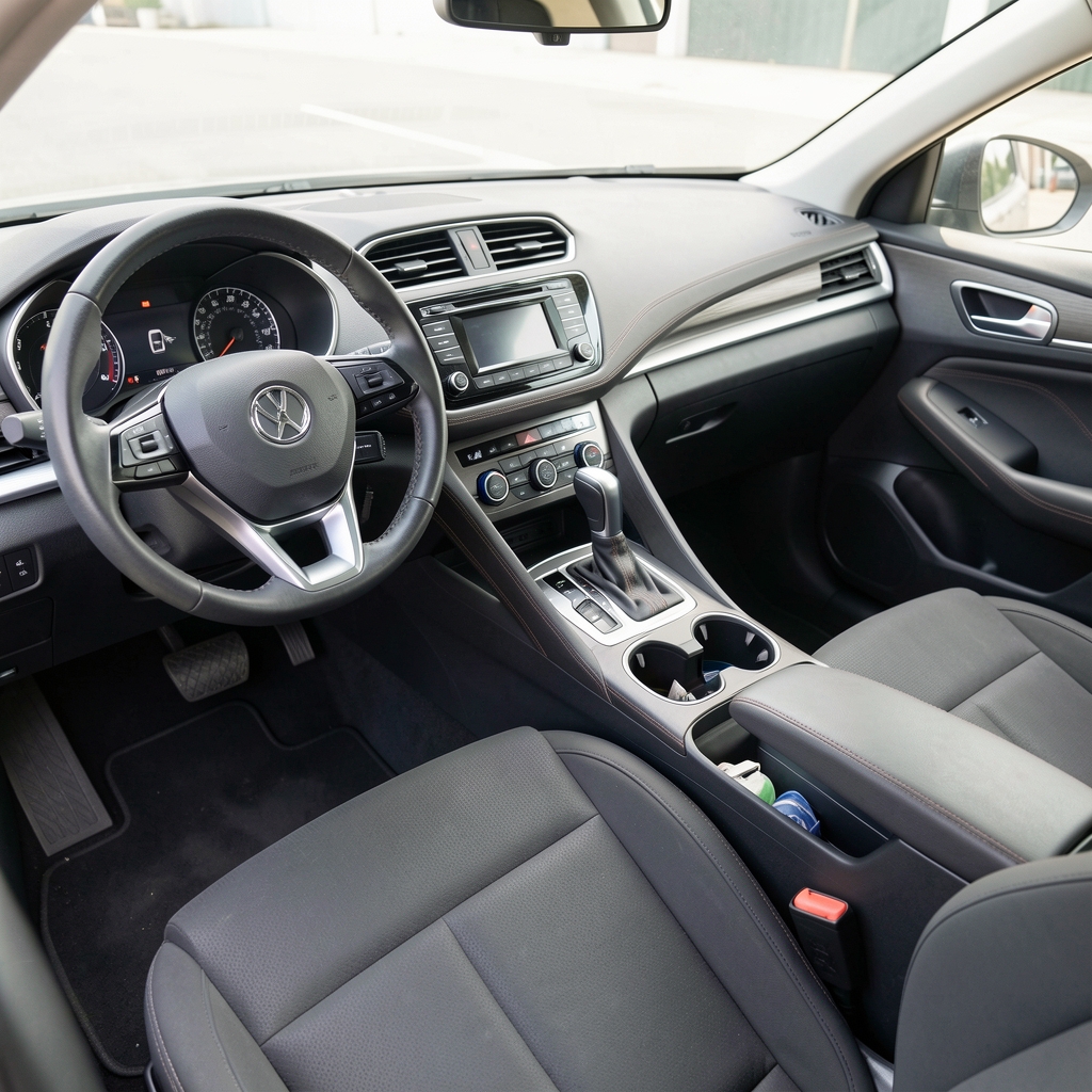 Interior delantero de automóvil limpio con consola despejada, compartimentos y accesorios de almacenamiento