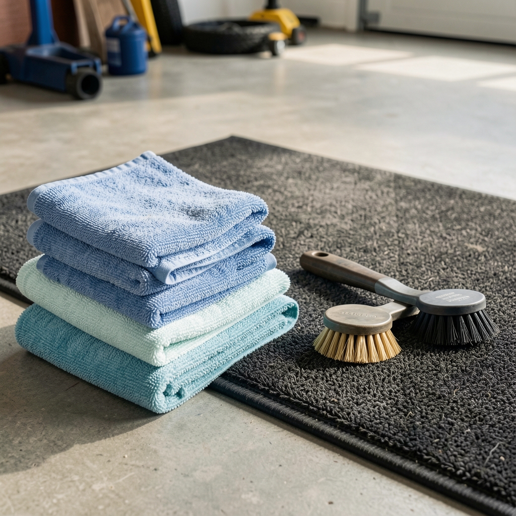 Kit de limpieza para automóvil con paños de microfibra y cepillos junto a una alfombra protectora