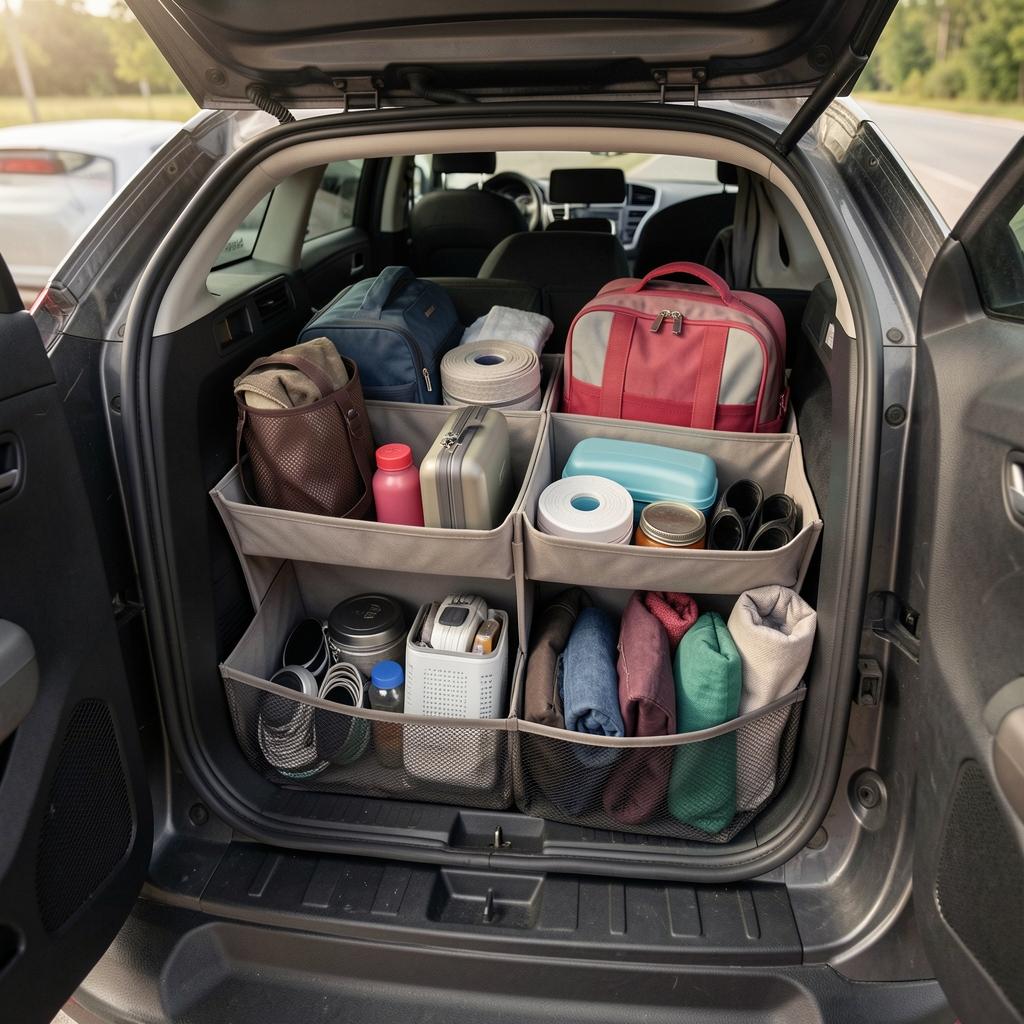 Baúl de automóvil ordenado con organizador modular y objetos de viaje distribuidos sin personas