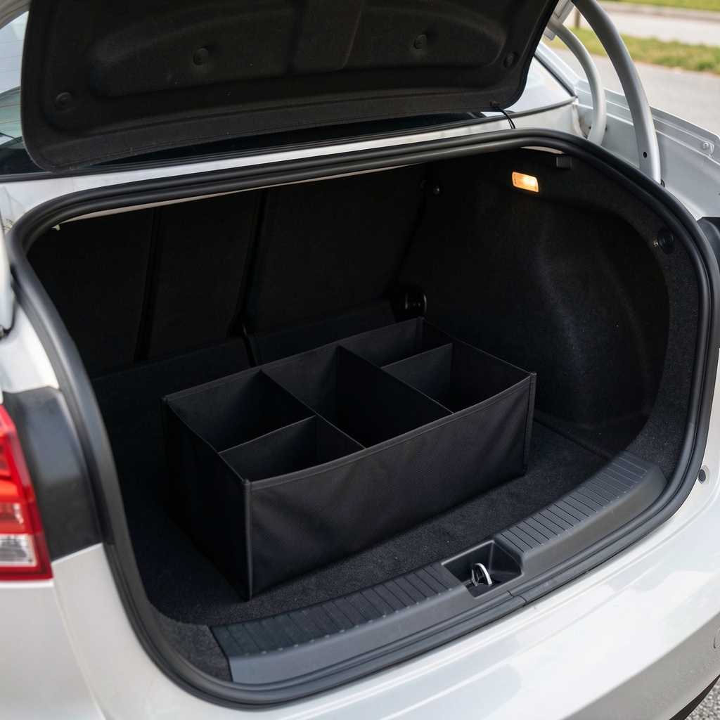 Organizador plegable negro con separadores dentro del baúl vacío de un automóvil