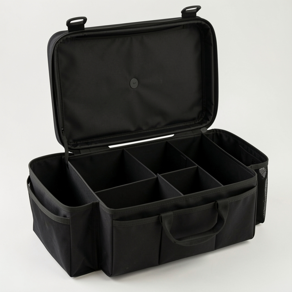 Organizador modular de baúl negro abierto con divisores internos y bolsillos laterales sin objetos personales