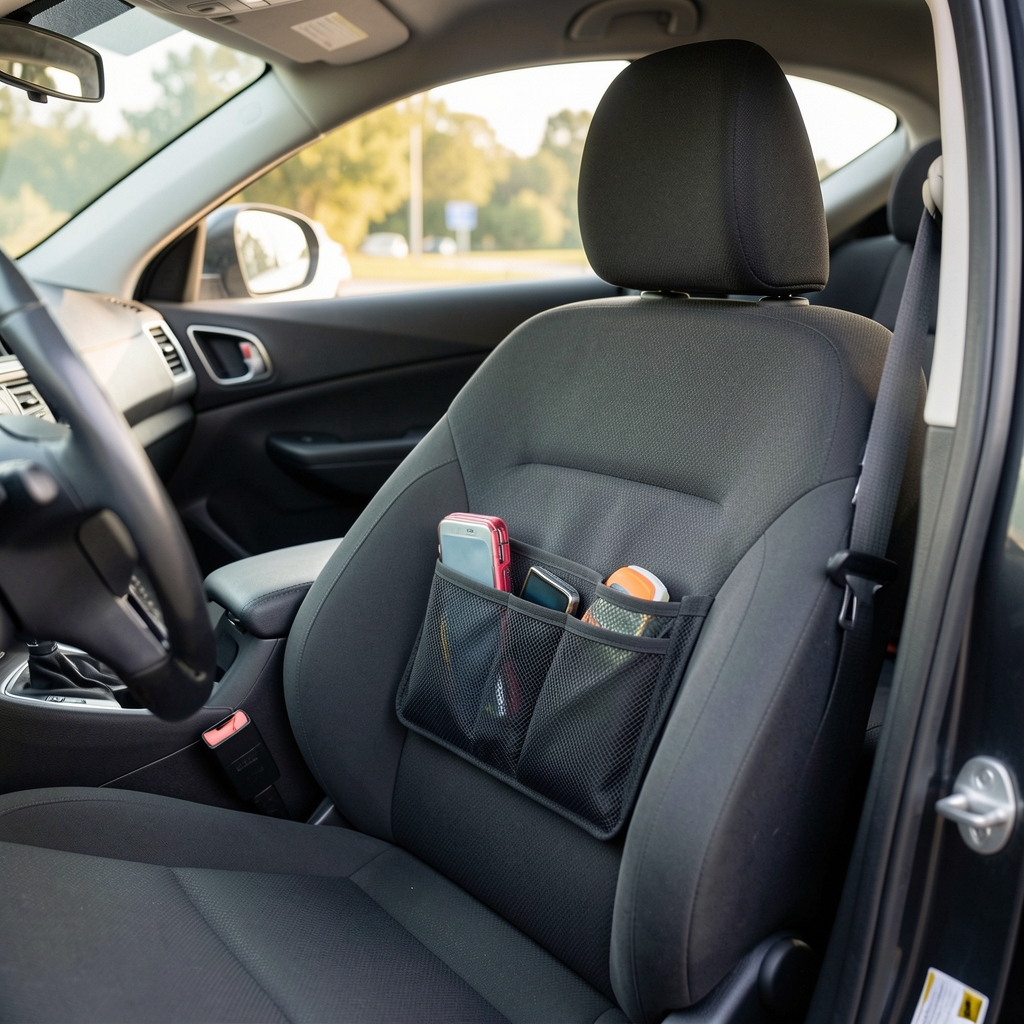 Bolsillo organizador colocado en el respaldo de un asiento delantero de automóvil vacío