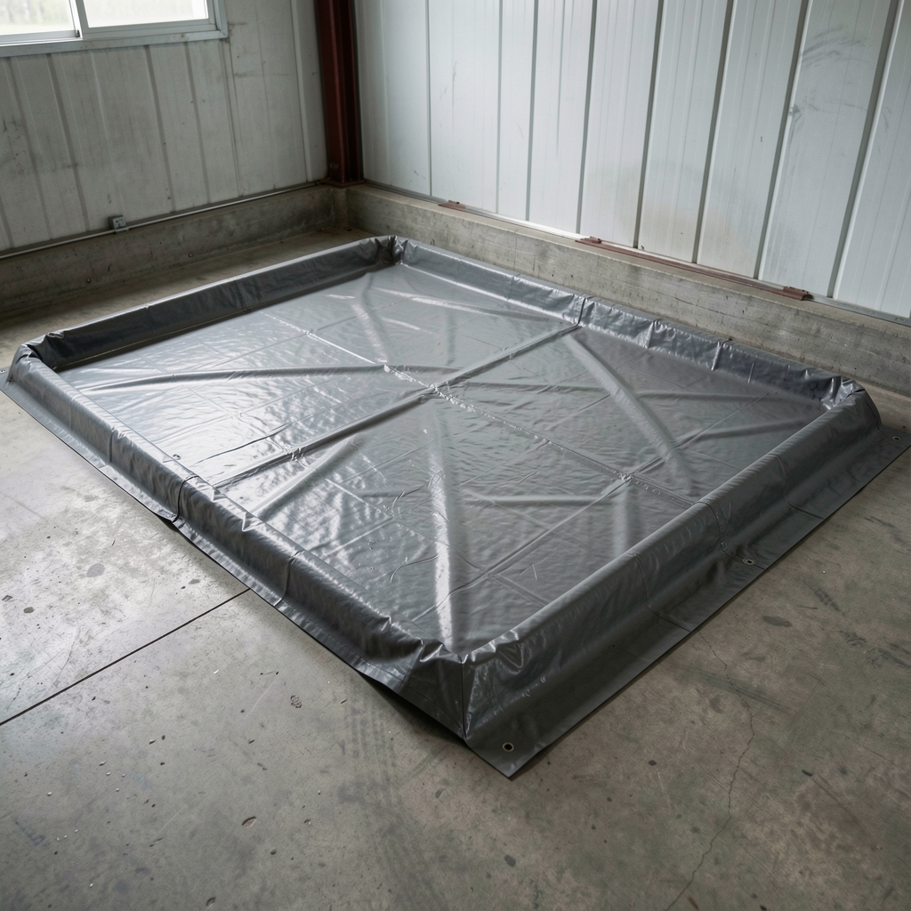 Manta protectora de baúl impermeable extendida sobre piso de carga vacío con bordes elevados antiderrame