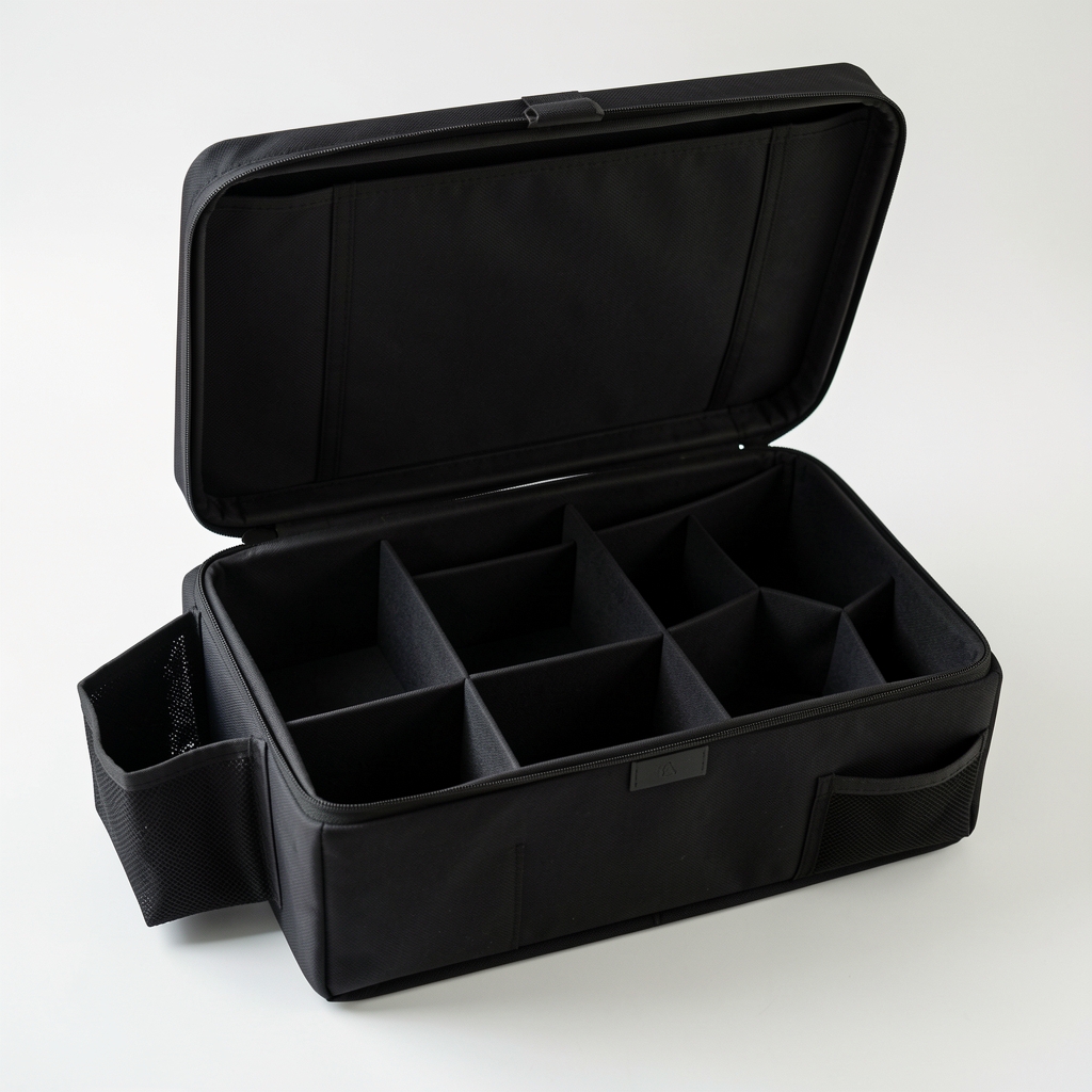 Organizador modular de baúl negro abierto con divisores internos y bolsillos laterales sin objetos personales