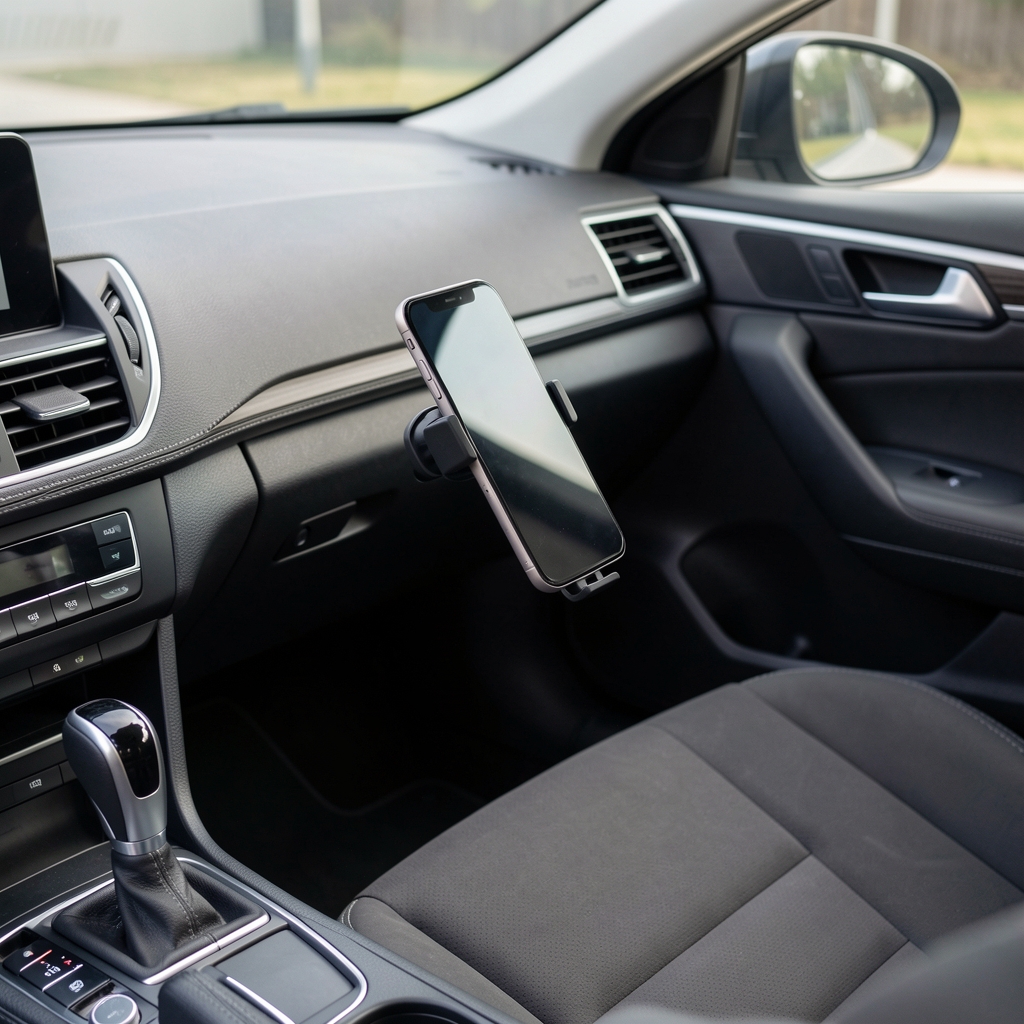 Soporte de smartphone para tablero con base adhesiva y brazo ajustable sobre interior de automóvil vacío
